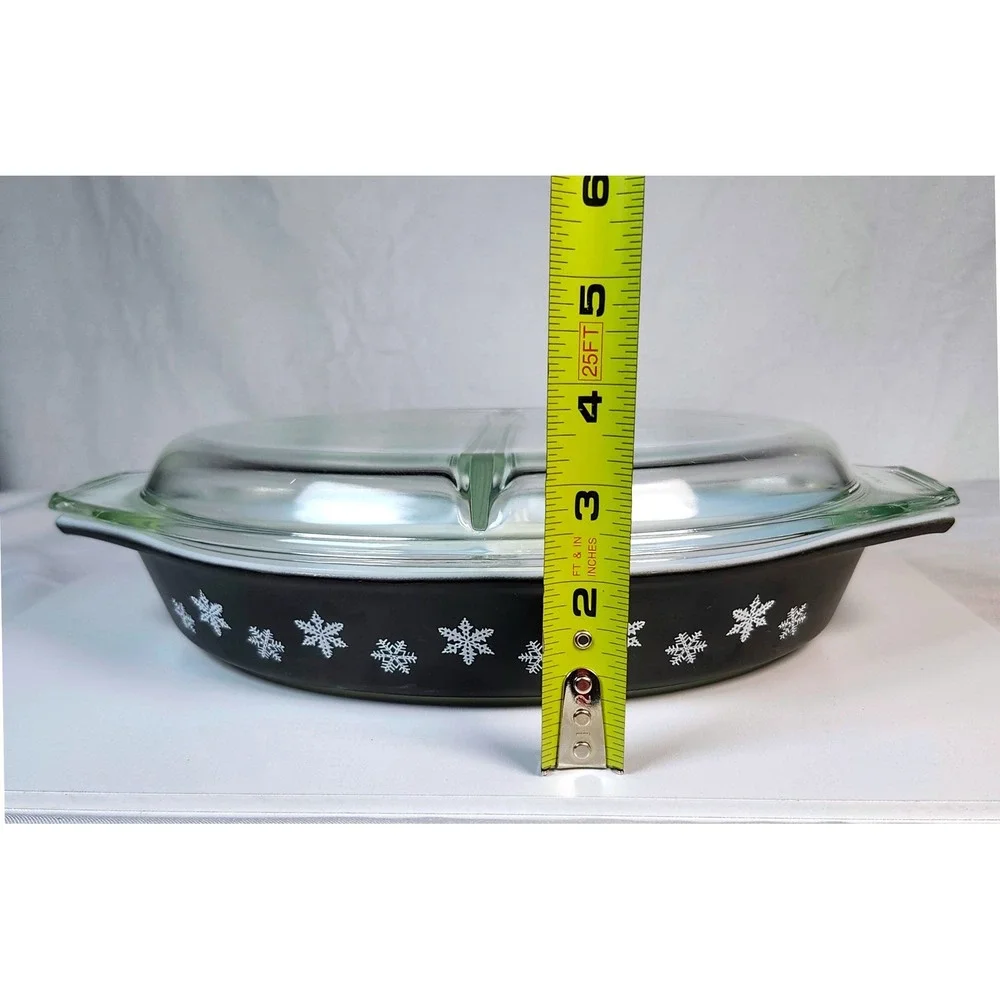 Vintage Pyrex MCM Divided Casserole Dish 1.5QT Black Snowflake Charcoal W/ Lid